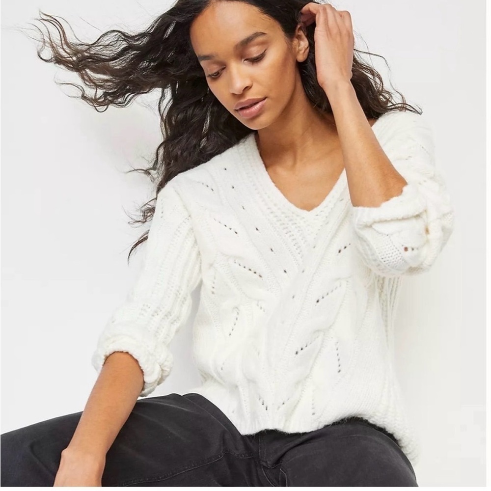 Anthropologie Ramona Cable-Knit Cream V-neck Sweater